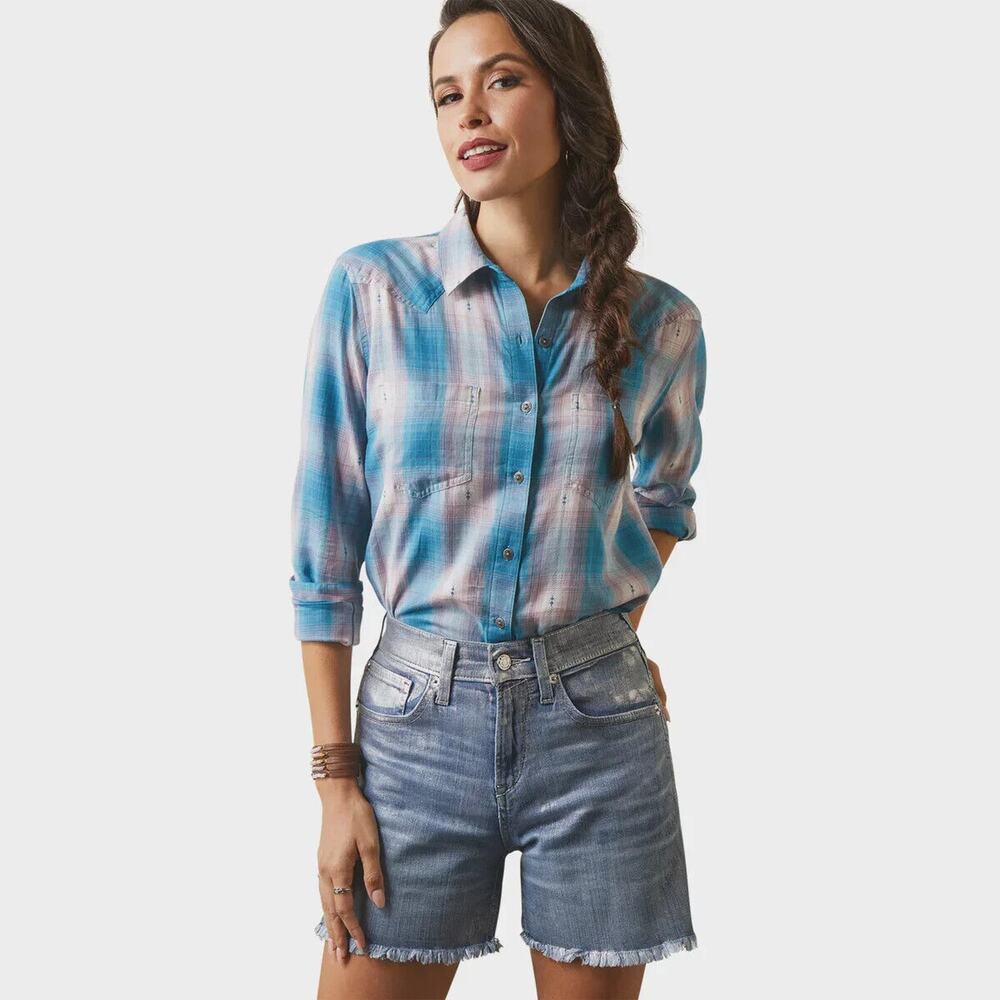 Ariat Womens REAL Billie Jean Shirt‎ 2XL Blue Plaid Button Long Sleeves Comfy